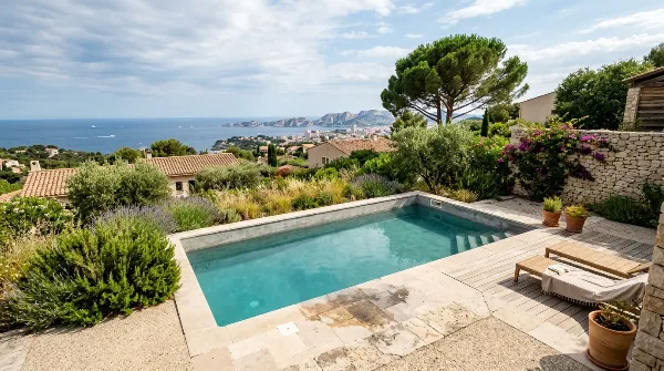 Piscine résidentielle à Marseille avec une perte d'eau suspecte, sous un ciel bleu méditerranéen.
