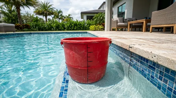 Test du seau pour confirmer une fuite d'eau dans une piscine.