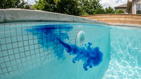 Utilisation de colorant pour localiser précisément une fuite de piscine.