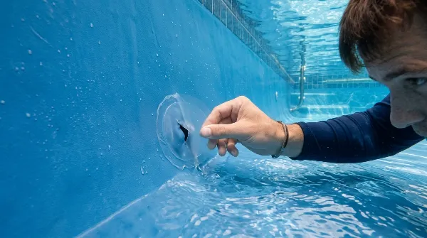 Réparation d'une fuite de liner de piscine avec une rustine sous l'eau