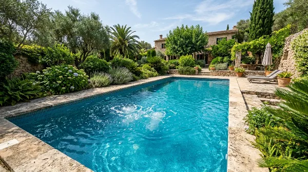 Piscine avec des signes de fuite, illustrant le problème des tuyaux enterrés.
