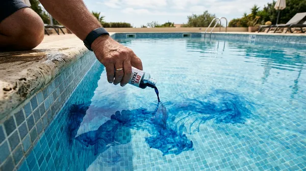 Test de détection de fuite de piscine avec un colorant près d'une paroi