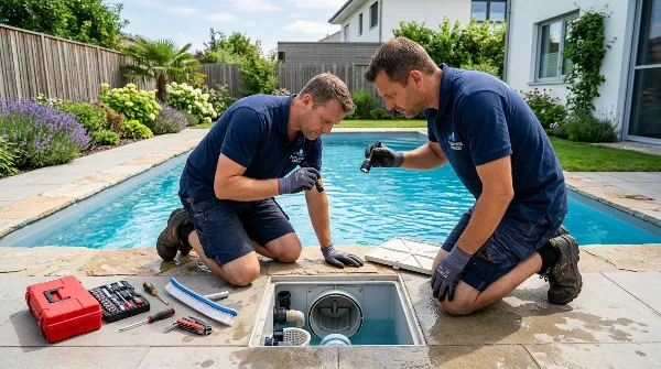 Professionnel inspectant un skimmer de piscine pour une réparation
