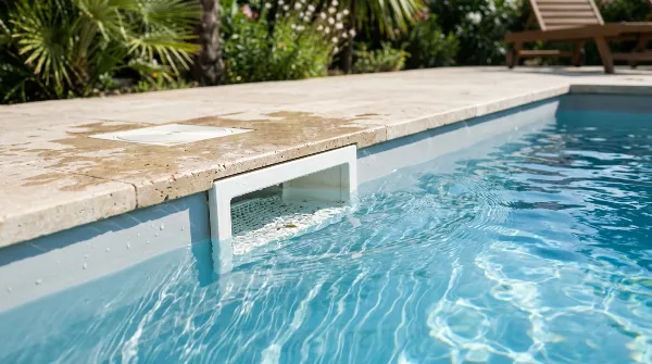 Skimmer de piscine avec de l'eau trouble indiquant une fuite ou un problème d'étanchéité