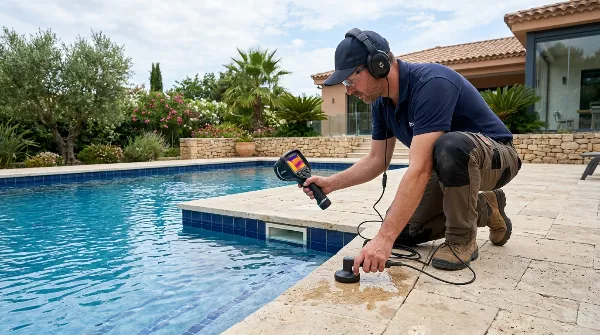 Technicien utilisant un équipement spécialisé pour détecter une fuite de piscine.