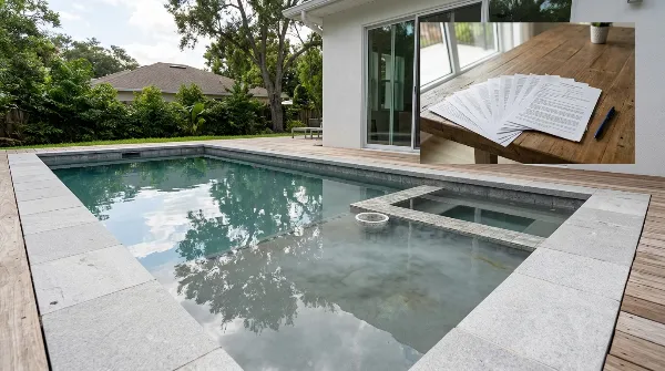 Document d'assurance et piscine avec fuite, symbolisant la recherche de couverture pour un sinistre.