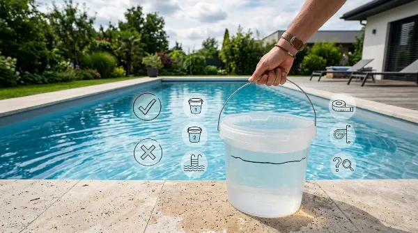 Le test du seau pour vérifier une fuite de piscine et des symboles de précautions à prendre.