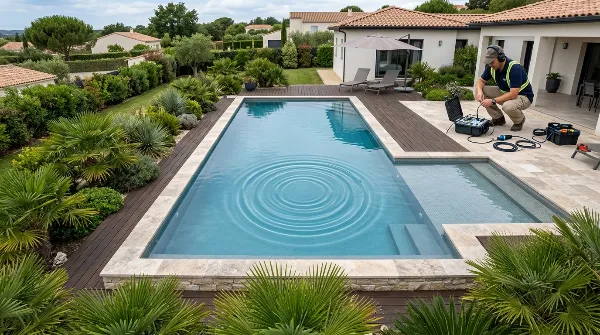 Piscine avec une fuite d'eau visible et un professionnel préparant son équipement de détection.