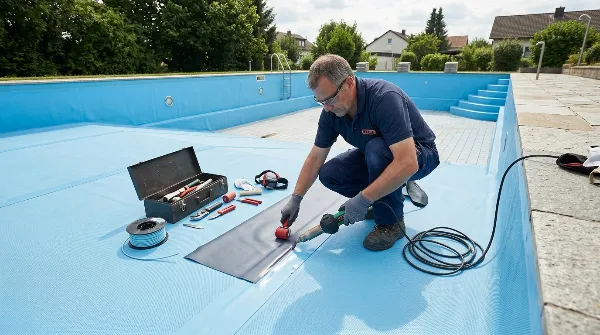 Soudure à air chaud d'un liner de piscine par un expert pour une réparation durable des grandes déchirures.