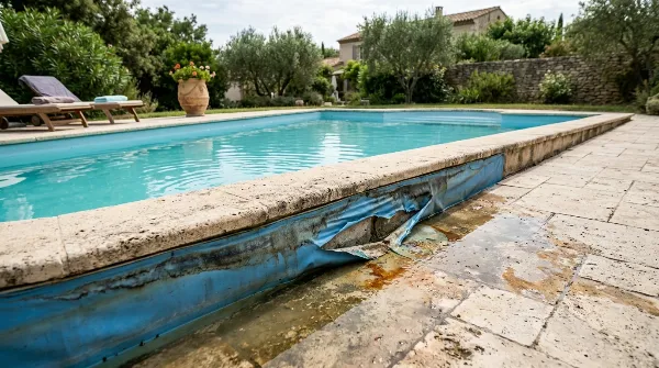 Fuite d'eau visible dans un liner de piscine endommagé, nécessitant une réparation rapide.