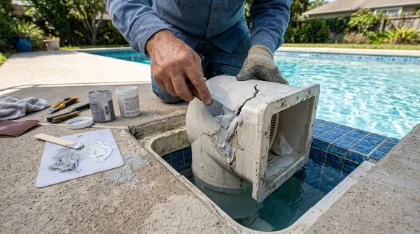 Application de mastic époxy pour réparer une fissure de skimmer
