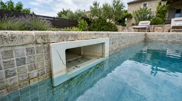 Skimmer de piscine fissuré montrant une fuite d'eau